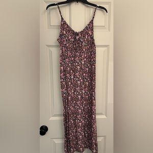 Black and pink floral midi cami slip dress from Old Navy with tie hole in front.